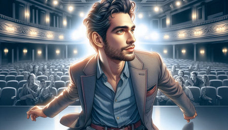 Portrait of a handsome man in front of a theater stage.