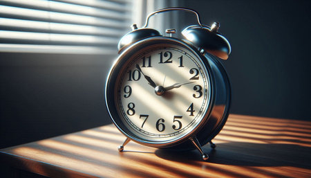 Retro alarm clock on wooden table. Time concept. 3D Rendering