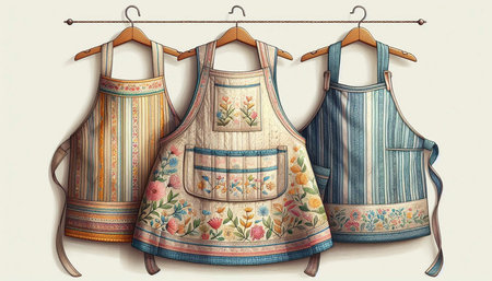 Illustration of kitchen apron on wooden hanger. Vintage style.