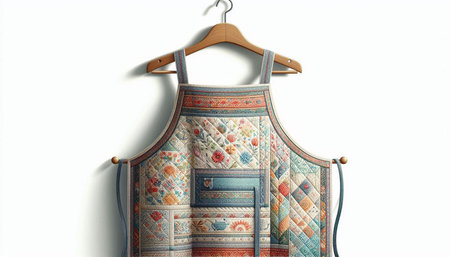 antique kitchen apron on hanger isolated on white background.