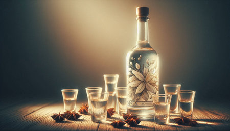 Tequila bottle with flowers and shot glasses on wooden table.