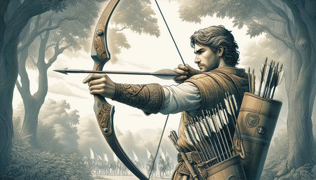 Archer with bow and arrow aiming at the target. 3D rendering