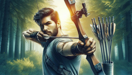 Archer with bow and arrow in the forest. 3d rendering
