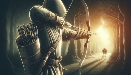 Archery in the dark forest. 3d illustration. Fantasy.