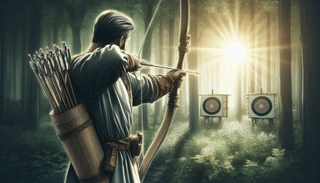 Archery man with bow and arrow in the forest. Mixed media