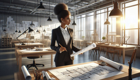 Attractive african american architect woman in modern office. Mixed media