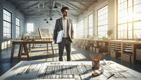 Businessman in modern office interior with furniture and computer. Mixed media