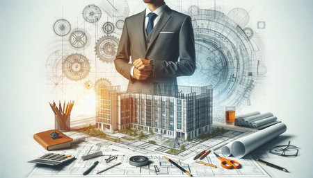 Architect working on construction project. Architectural project and blueprint rolls.