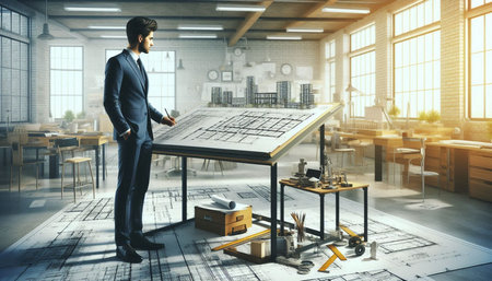 Businessman standing in modern office interior with architectural project. Mixed media
