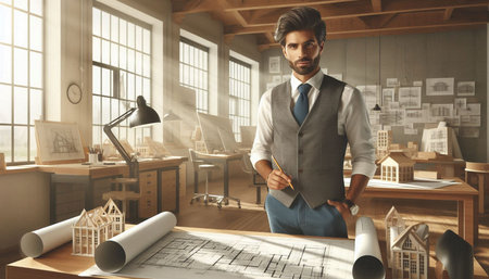Architect working in his office with blueprints. Construction concept.