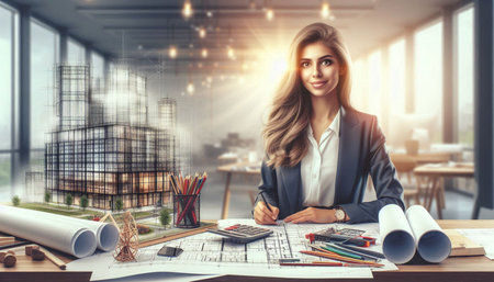 Attractive businesswoman in modern office interior with sketches and lights. Mixed media