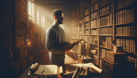 Man reading a book in the library. Concept of education and knowledge.