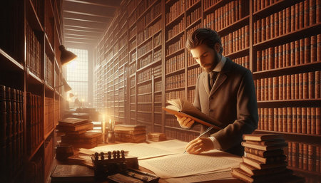 Young man in suit sitting in library and reading book. Law concept