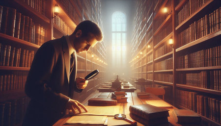 Young man reading a book in the library. 3D rendering.