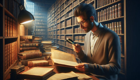 Young man in eyeglasses looking at a book in a library.