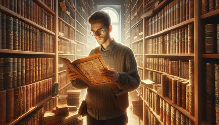 Young man in glasses reading a book in the library. Education concept.