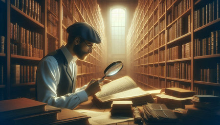 Young man looking through a magnifying glass at the bookshelf