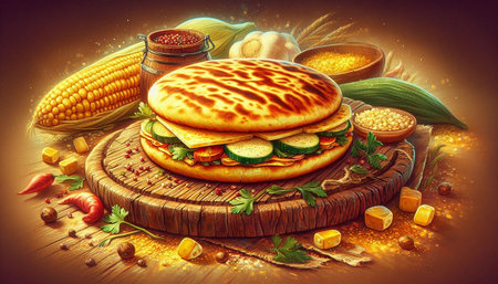 Pancakes with corn and vegetables on a wooden cutting board.