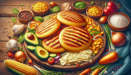 Vegetarian food background. Grilled hamburger with vegetables and spices on wooden table.