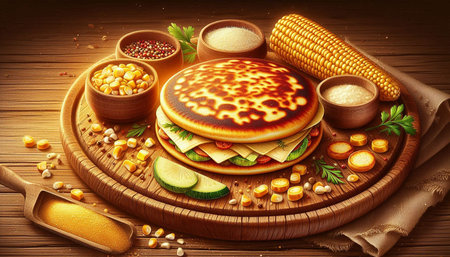 Pancakes with corn and spices on wooden background. 3d illustration