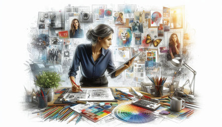 Illustration of a female graphic designer using a digital tablet in her office