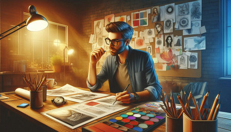 Portrait of a handsome young man in glasses and a blue jacket sitting at a wooden table with a...