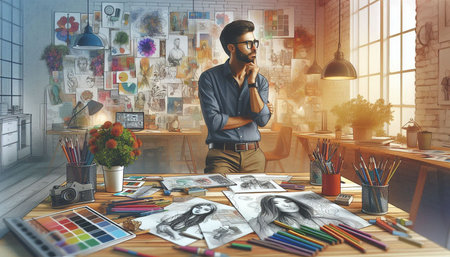 Portrait of a handsome young man in casual clothes and glasses, sitting at his working place in the...