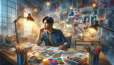 Young asian man sitting at table and drawing with color pencils