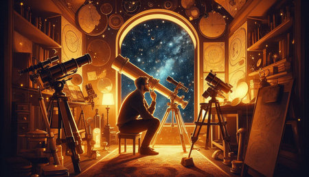 Astronaut looking through a telescope in a night sky. 3D rendering