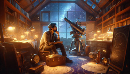 Man looking through a telescope in a fantasy world. 3D rendering