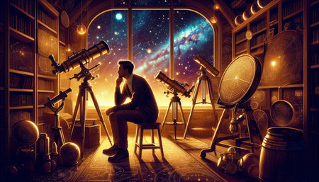 Young man looking through a telescope in a fantasy interior. 3D rendering