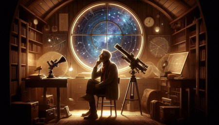 Woman looking through a telescope in a dark room. 3D rendering