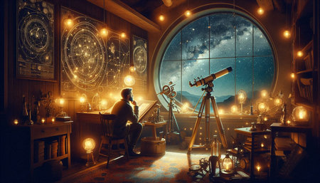 The man looks through a telescope in the interior of the night city.