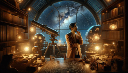 Businesswoman looking through a telescope in a dark laboratory. Mixed media