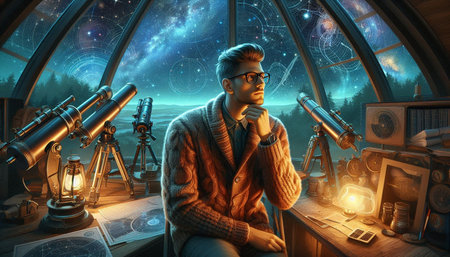 Handsome young man in glasses and a knitted sweater is looking through a telescope in a dark space.