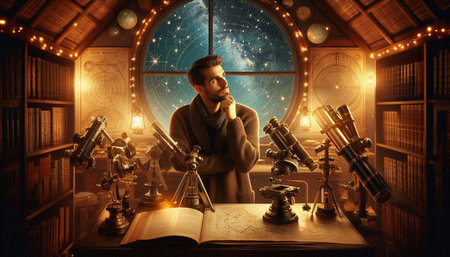 Young man sitting at the table in front of the window and looking at the globe.