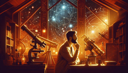 Scientist looking through a telescope in a laboratory. 3D rendering