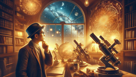 Young man in suit and hat looking at the globe. Mixed media