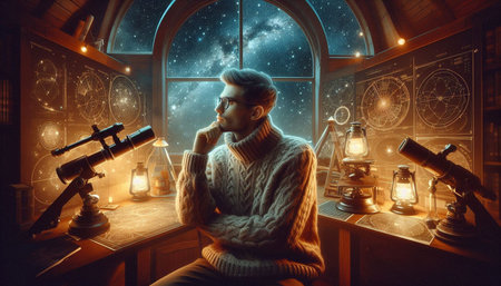 Young man looking through a telescope in a dark room with a large window.