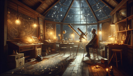 The girl is looking through a telescope in the attic of an old house.