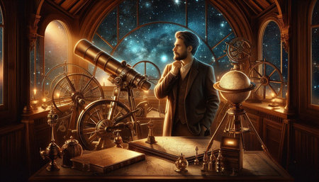 Man looking through a telescope at the treasure chest. 3D rendering