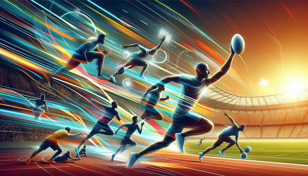 Rugby players in action at stadium. Sport concept. 3D rendering