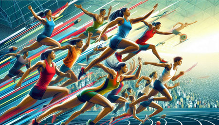 Sportswomen running at the stadium. 3D illustration. Elements of this image furnished by NASA
