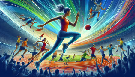 3d illustration of a female soccer player in a stadium running with a ball