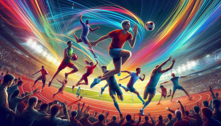 Soccer players in action on stadium. Mixed media. Mixed media