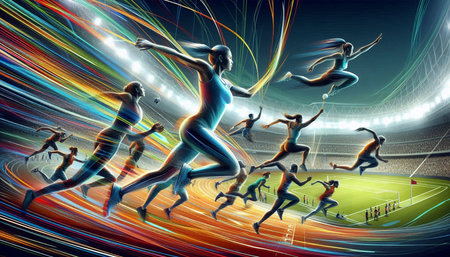 3d rendering of female athletes running in a stadium with colorful lights