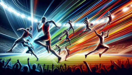 Sport and healthy lifestyle concept as a group of people running together in a stadium with neon...