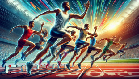 Athletes running on a track in a stadium. 3D rendering