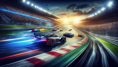 Race car on the race track at night. 3d rendering.