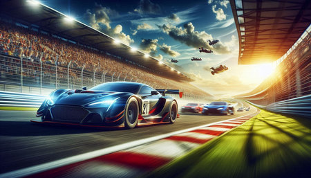 3D rendering of a race car on the track at sunset.